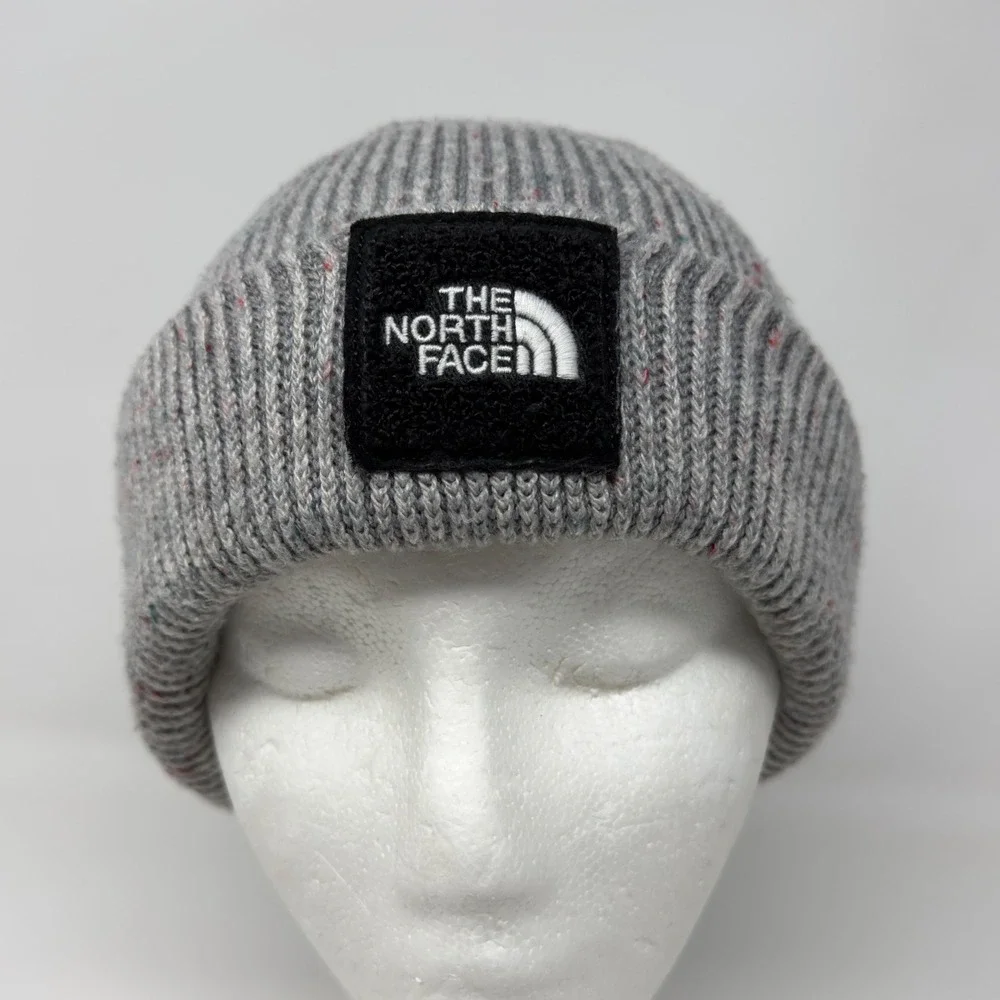 The North Face Ribbed Knit Cuffed Beanie Hat Heather Grey Speckled Logo Patch